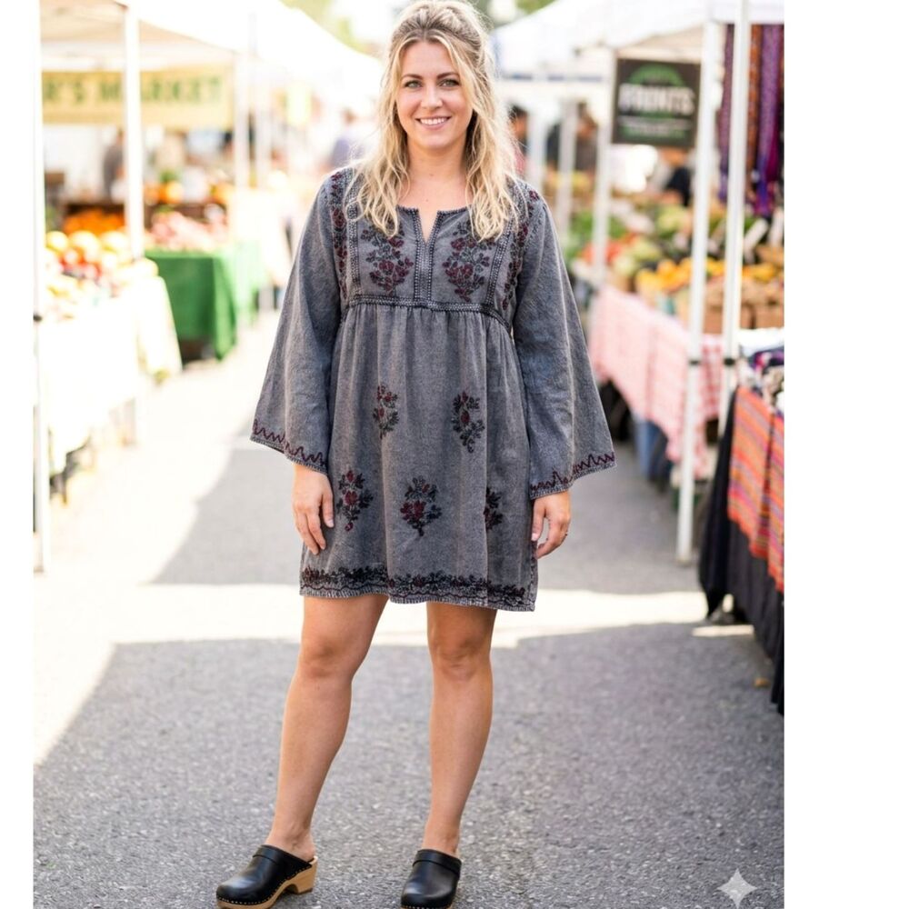 S.R. Fashion Black/Gray V-Neck Floral Embroidered Bohemian Tunic Dress Size XL
